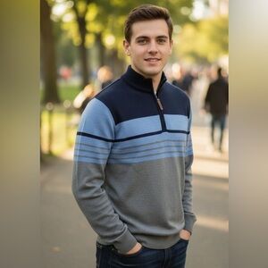 Men's Lightweight Half-Zip Knitted Sweater, Long Sleeve Pullover Size Large